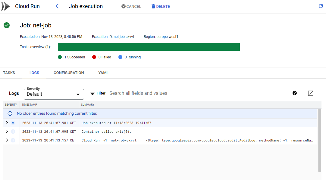 Cloud Run job logs