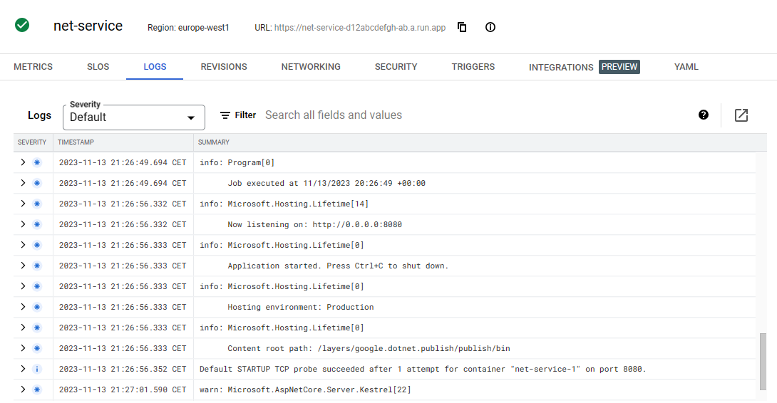 Cloud Run service logs